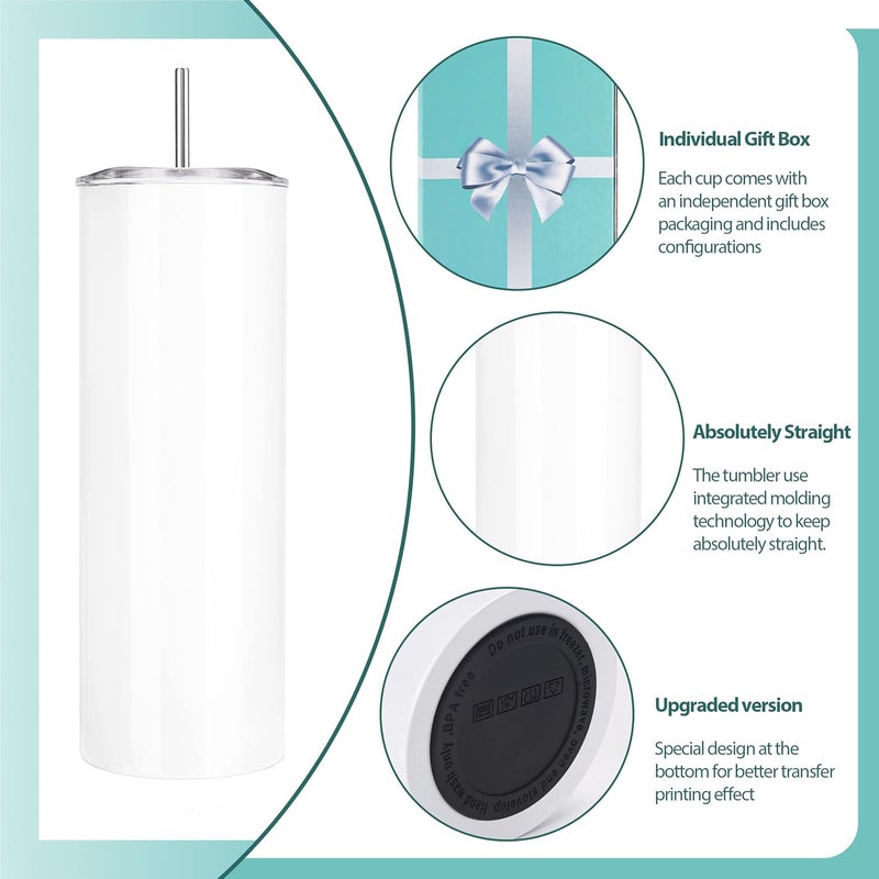 DS 10 Pack Sublimation Tumblers Bulk 20 oz Skinny Straight Flat Bottom Blank Tumbler Cups with Individual Gift Boxed for Heat Transfer DIY Craft - Image 5